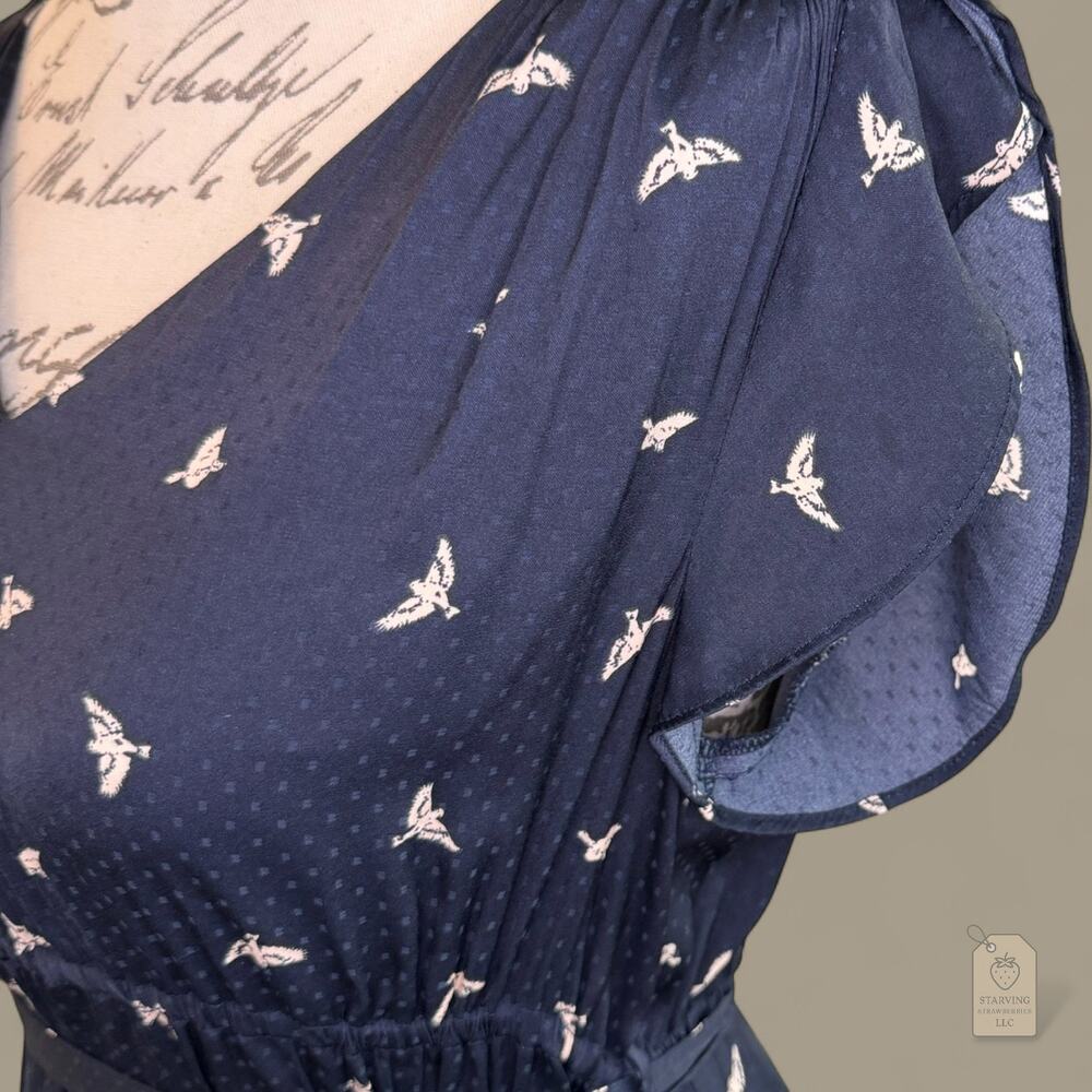 H&M Mama Navy Bird Print Dress | Flutter Sleeve Belted V-Neck | Maternity Small - Picture 6 of 9